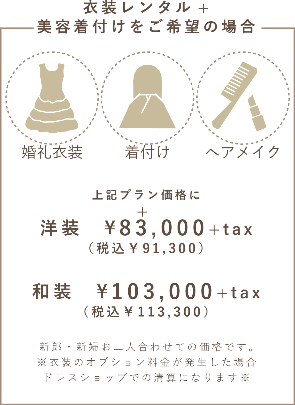 衣装レンタルと美容着付け：上記プラン価格に＋税込88,000円(洋装)。＋税込110,000円(和装)。